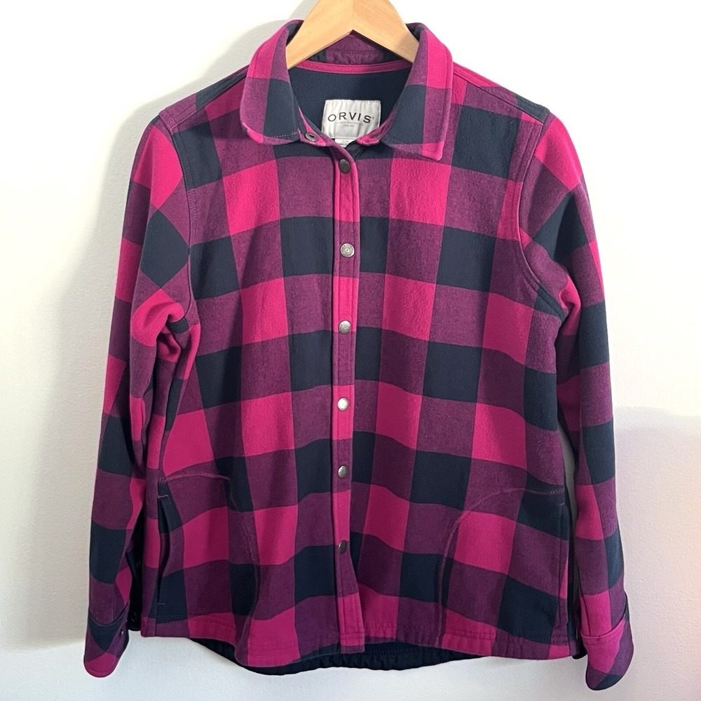Orvis Teton Shirt Womens Large Pink Navy Buffalo Check Flannel Fleece Jacket‎